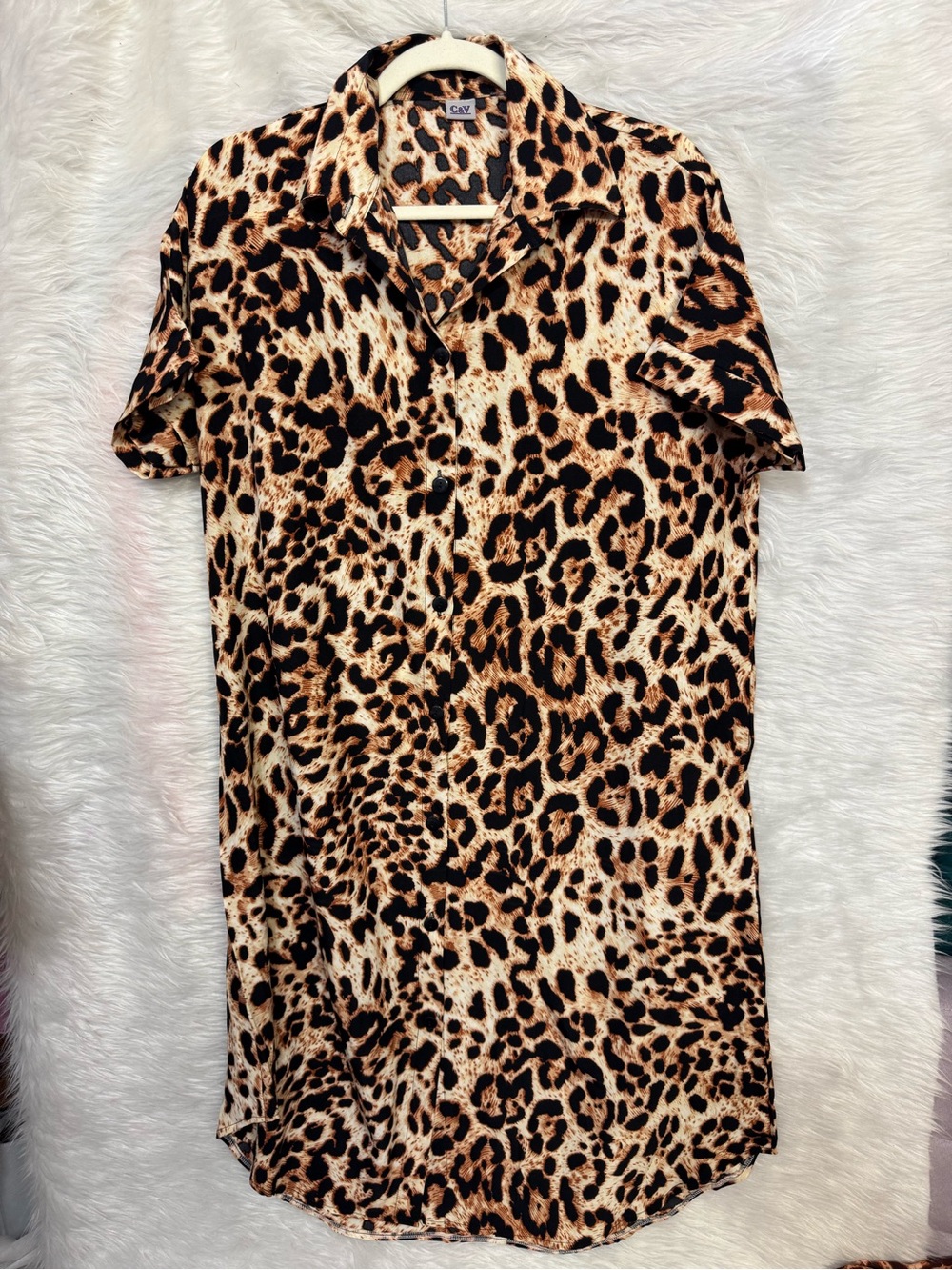 Leopard Print Short Sleeve Shirt Dress - Brown/Black